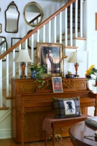 Early fall piano styling plaid thistle pillow harris tweed plaid Scotland inspired fall home tour Scottish decorating ideas for fall