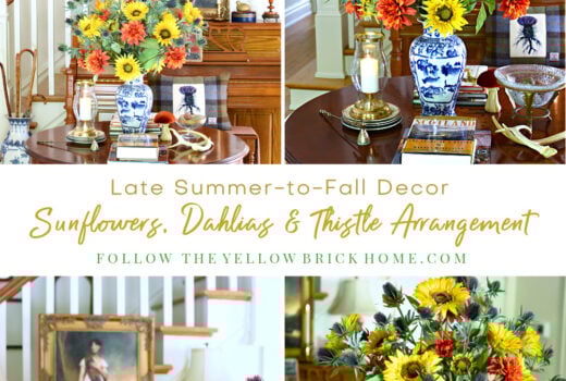 Summer to fall decorating ideas Fall flower arrangement with sunflowers, dahlias, and thistle. Fall decorating inspired by Scotland