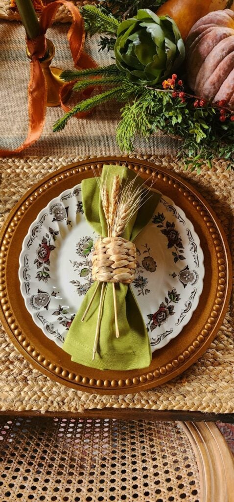 Fall tablescape green napkins with hyancinth napkin rings and wheat. Myott's Bouquet Vintage Transferware