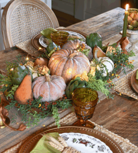 Fall Centerpiece Fall dough bowl with pumpkins, pears and artichokes
