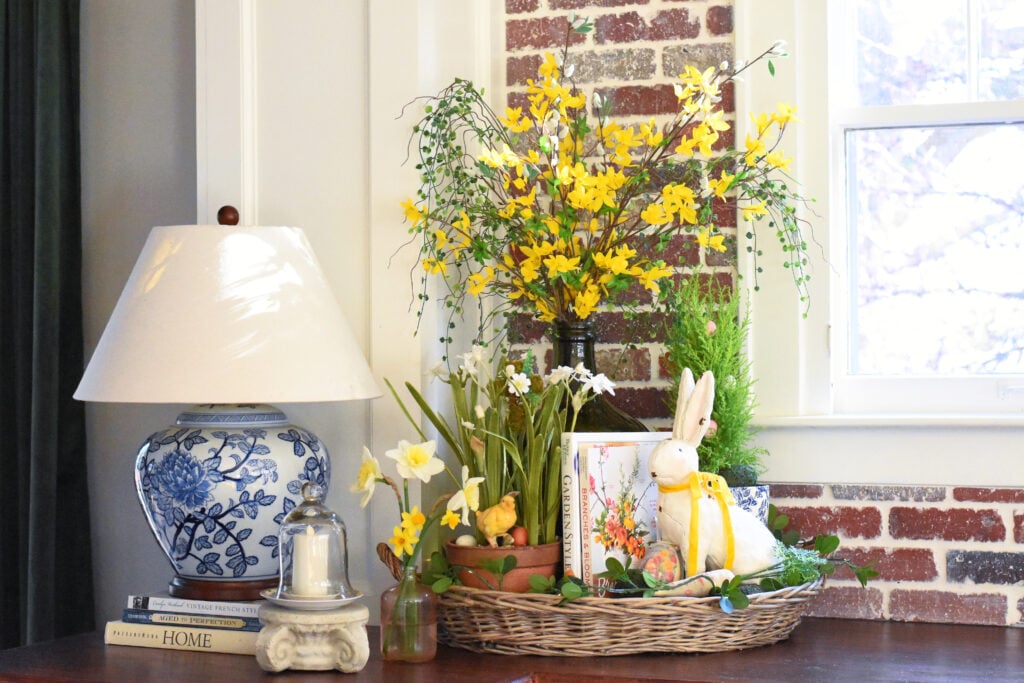 Spring kitchen tour French Farmhouse styled tray with forstythia and a farmhouse bunny #springdecor #springstyledtray #Easterdecor
