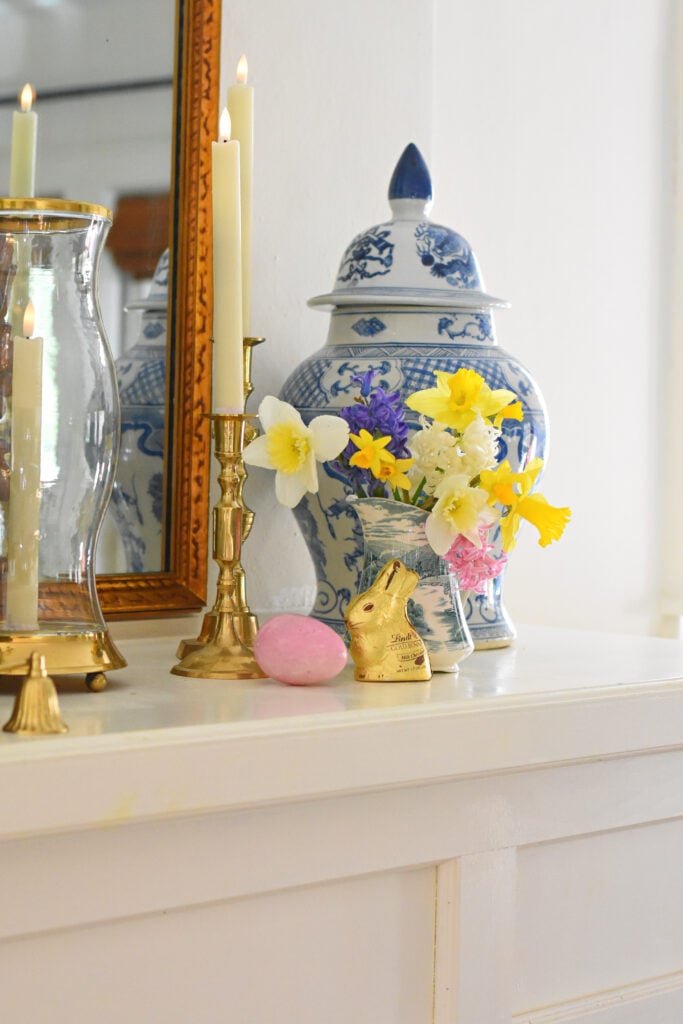 Simple spring mantel with a spring bouquet of hyacinth and daffodils in a vintage transferware pitcher, Spring decorating with Chinoiserire