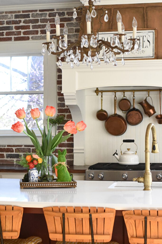 Spring kitchen decor Colorful tulips and mossy bunny in a farmhouse tray spring kitchen island styling ideas